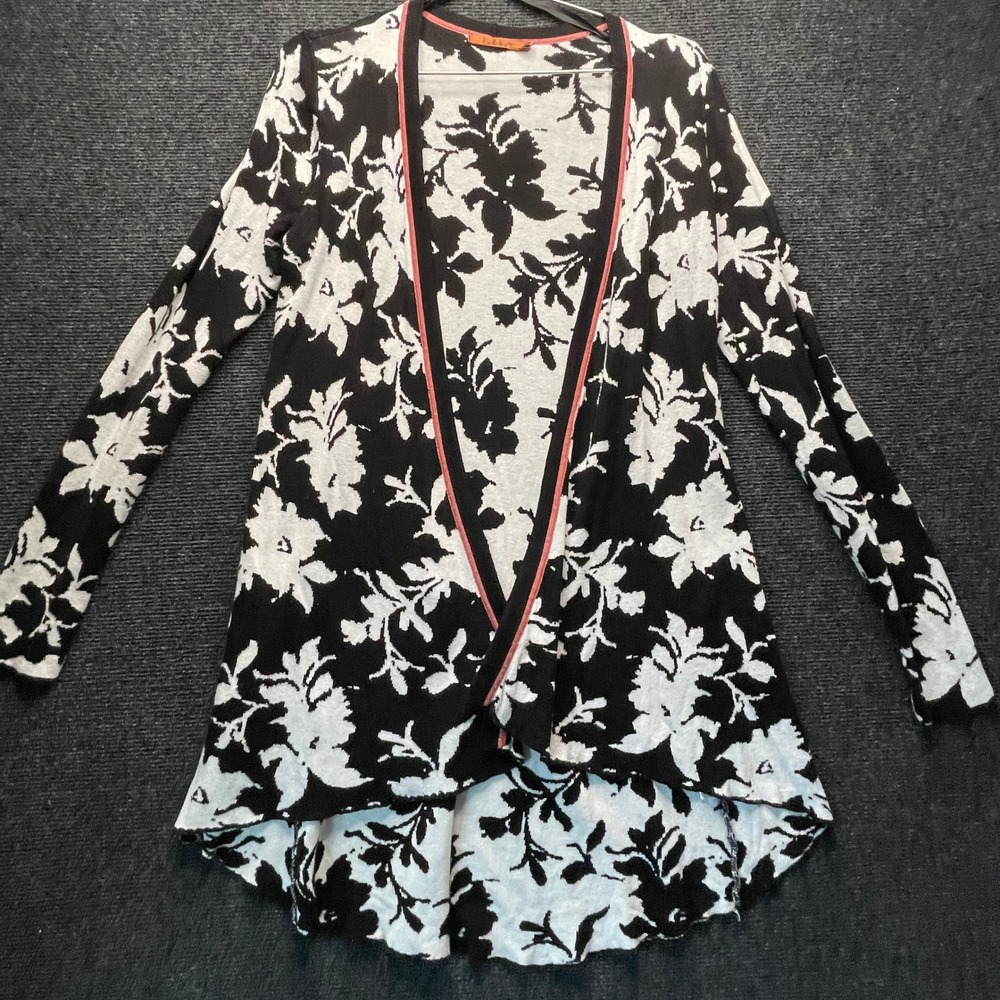 Beldini Floral Cardigan Women S Black White High Low Open Front Knit Classic